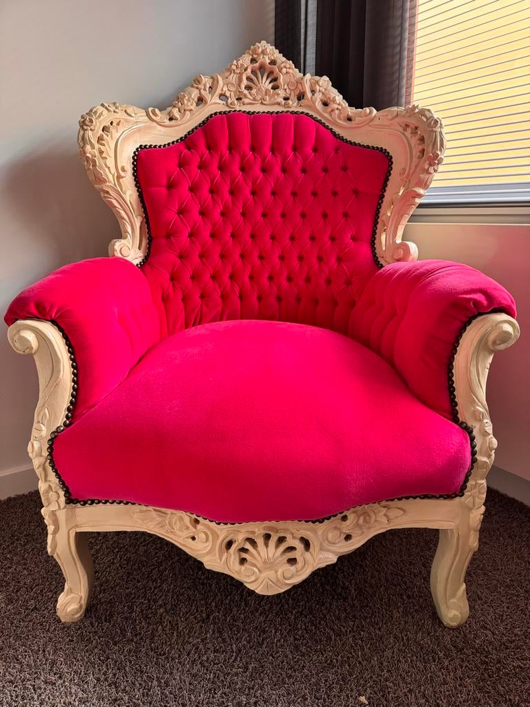 Roze fauteuil met barok/rococo uitstraling, Ophalen, Gebruikt, Stof, 75 tot 100 cm