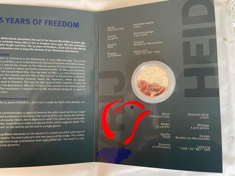 75 jaar vrijheid vijfje ZILVER, Verzenden, Koningin Beatrix, Zilver, Euro's