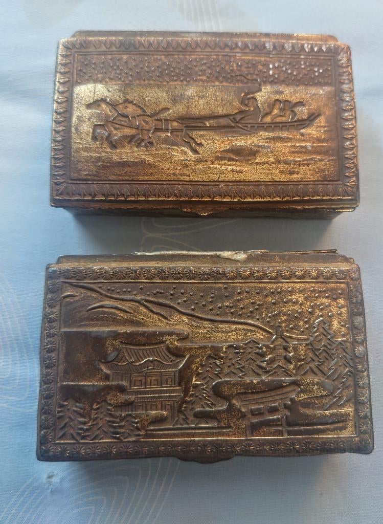 Paar ~1920 Japanse Art Deco tabak doosjes, koper? tin?, Ophalen of Verzenden