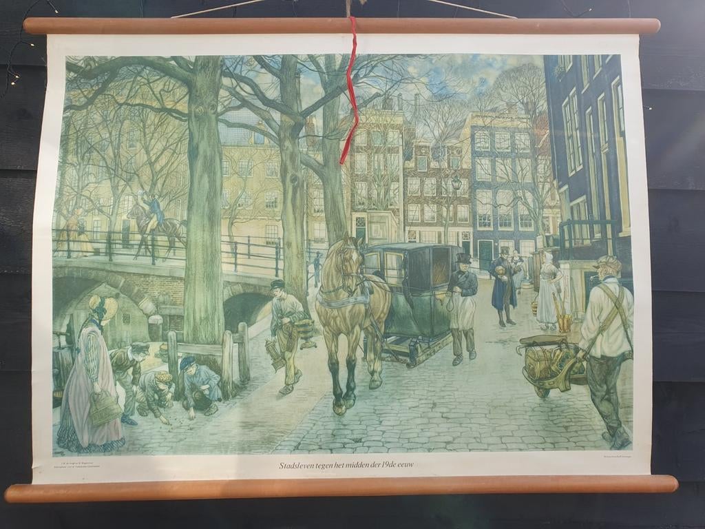 Antieke schoolkaart Stadsleven midden der 19e eeuw, Antiek en Kunst, Ophalen, Geschiedenis