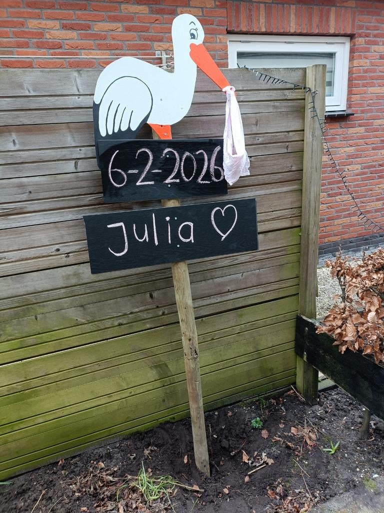 Geboortebord ooievaar op paal, Ophalen of Verzenden