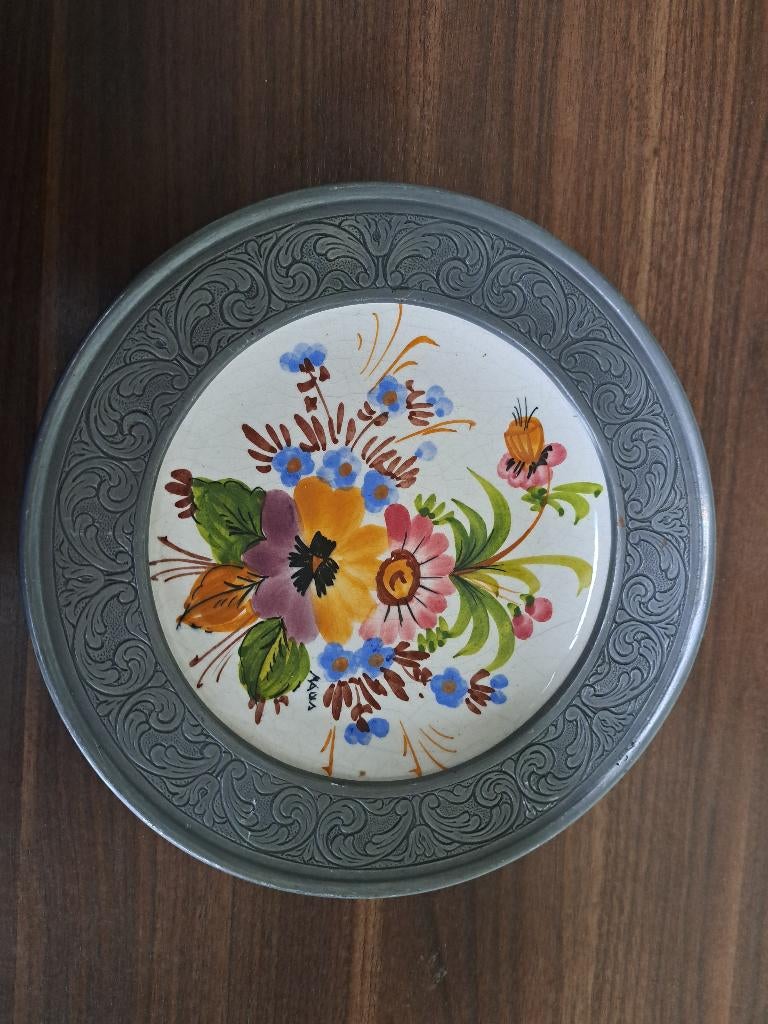 4 tinnen wandbordjes met keramiek tegeltje, Ophalen of Verzenden