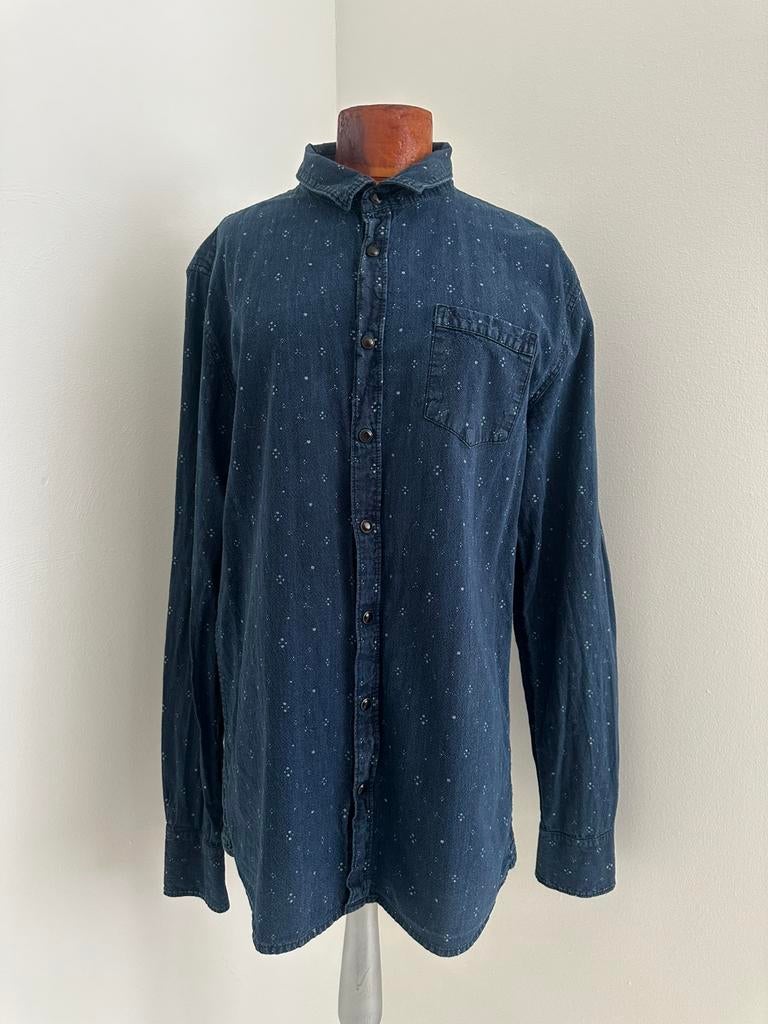 Donkerblauw Stangata denim overhemd in maat XL, Ophalen of Verzenden, Zo goed als nieuw, Blauw, Halswijdte 41/42 (L)