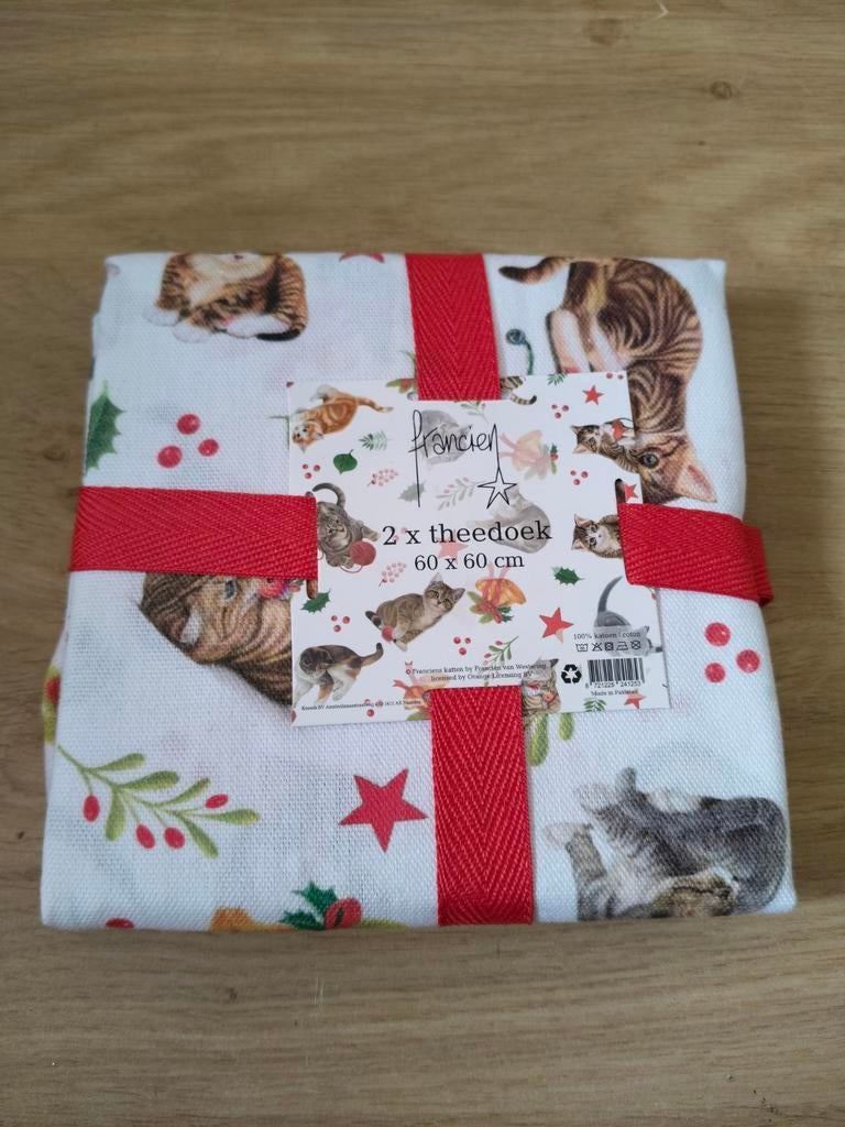 NIEUW*2 THEEDOEKEN FRANCIEN KATTEN*KAT*POES*KITTEN*KERST, Verzenden, Nieuw, Wit, Theedoek of Handdoek