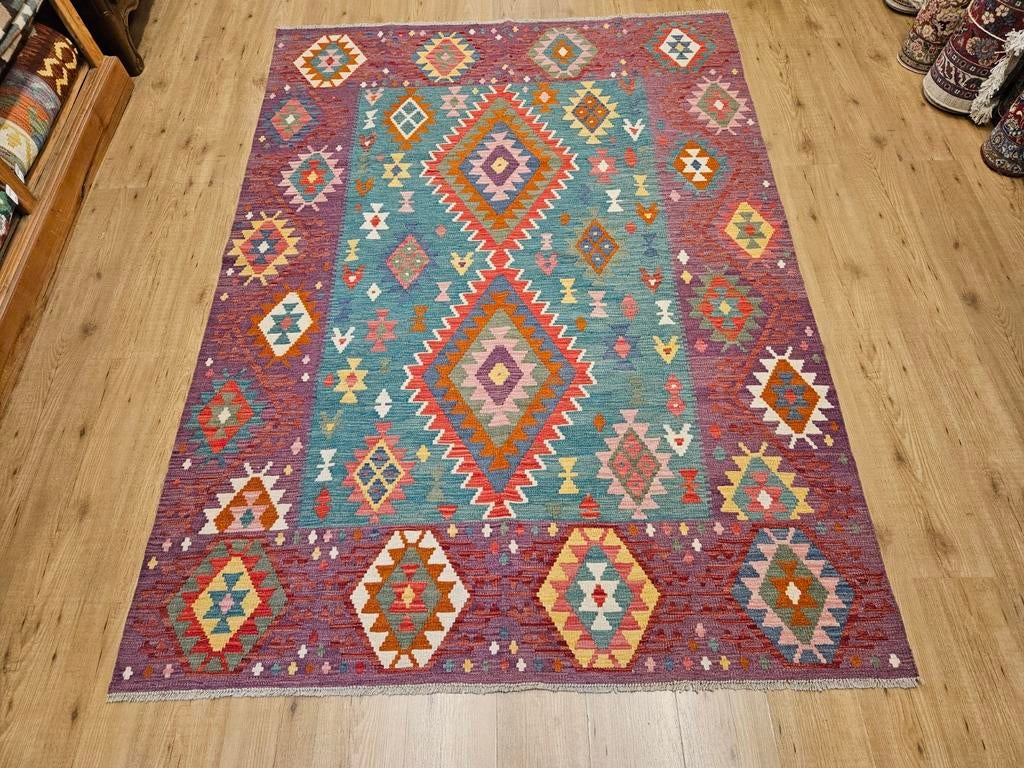 Handgeweven oosterse wollen kelim 244x177, Info@SlatsAntiek.nl, 150 tot 200 cm, Vof Slats Antiek, Crème