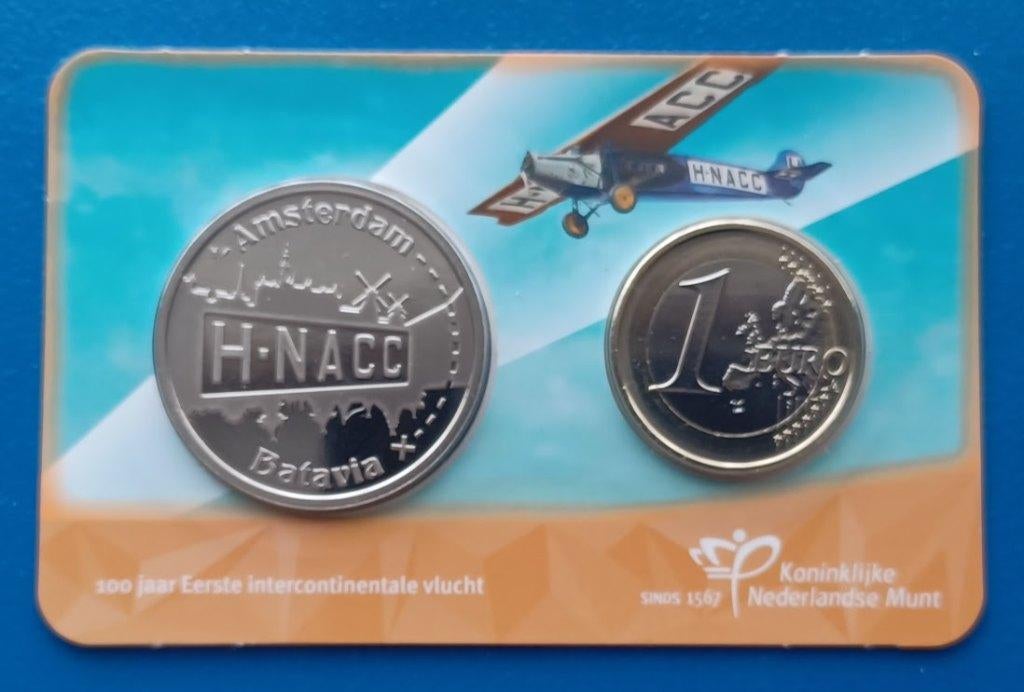 Penning 100 jr 1e intercontinentale vlucht coincard - 2024, Verzenden, Koningin Beatrix, Euro's, Setje