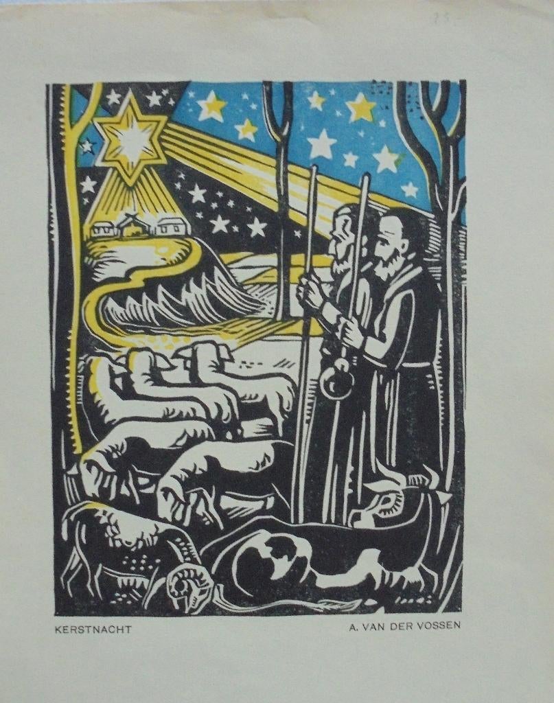 Andre van der Vossen.1893 -1963).Hout-linosnede.Kerstnacht., Ophalen of Verzenden