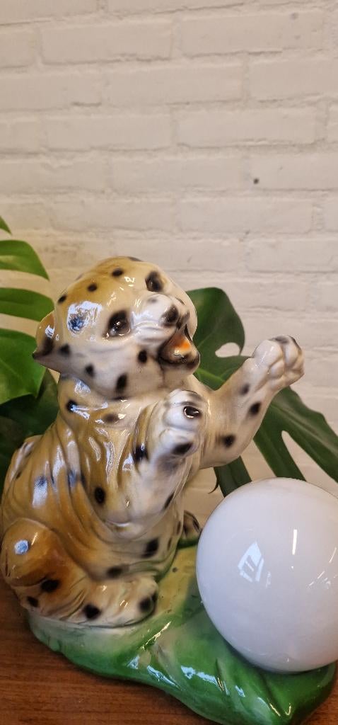 Unieke vintage tafellamp - welpje panter, Huis en Inrichting, Lampen | Tafellampen, Overige materialen, Gebruikt, Ophalen of Verzenden