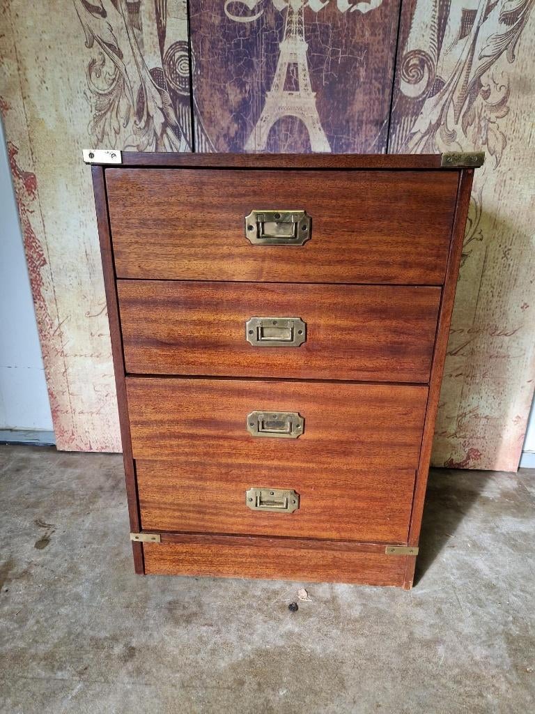 Antiek klassiek houten ladekast met rood lederen bovenblad, Gebruikt, 3 of 4 laden, Minder dan 100 cm, 25 tot 50 cm