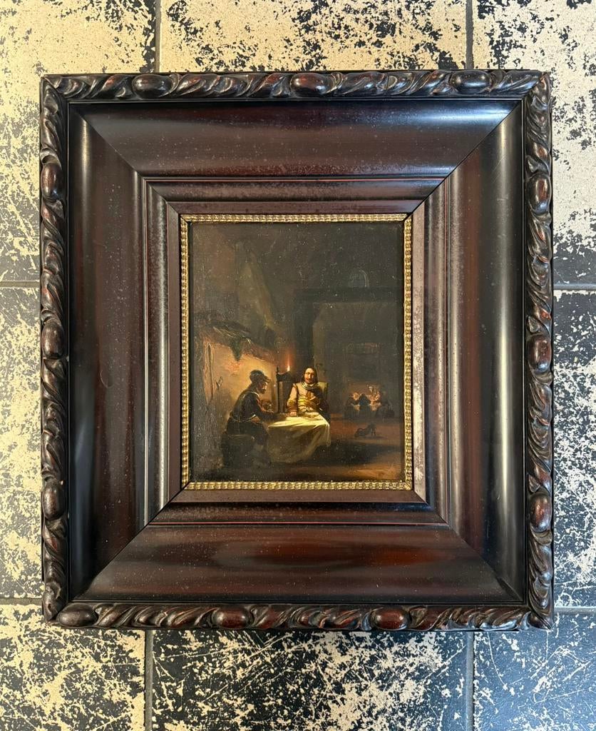 Adolf Eberle – Olieverf op Paneel – Interieur bij kaarslicht, Ophalen of Verzenden