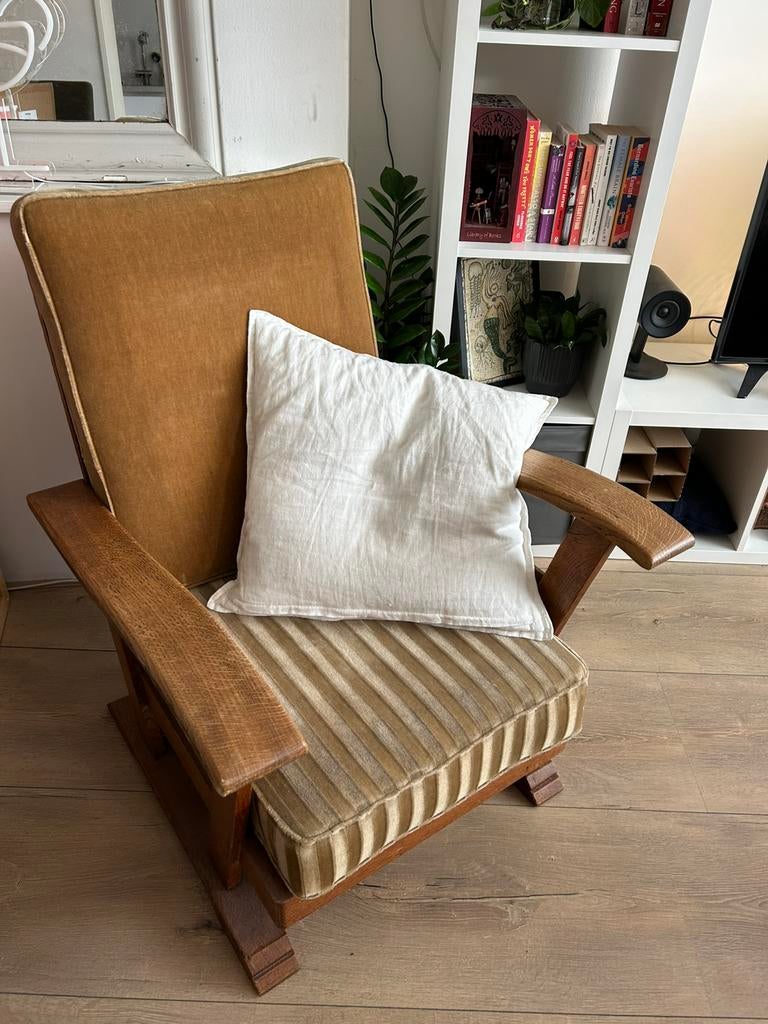 Vintage fauteuil jaren 50/60 – massief hout, Huis en Inrichting, Fauteuils, Ophalen, Gebruikt, Vintage / retro, 75 tot 100 cm