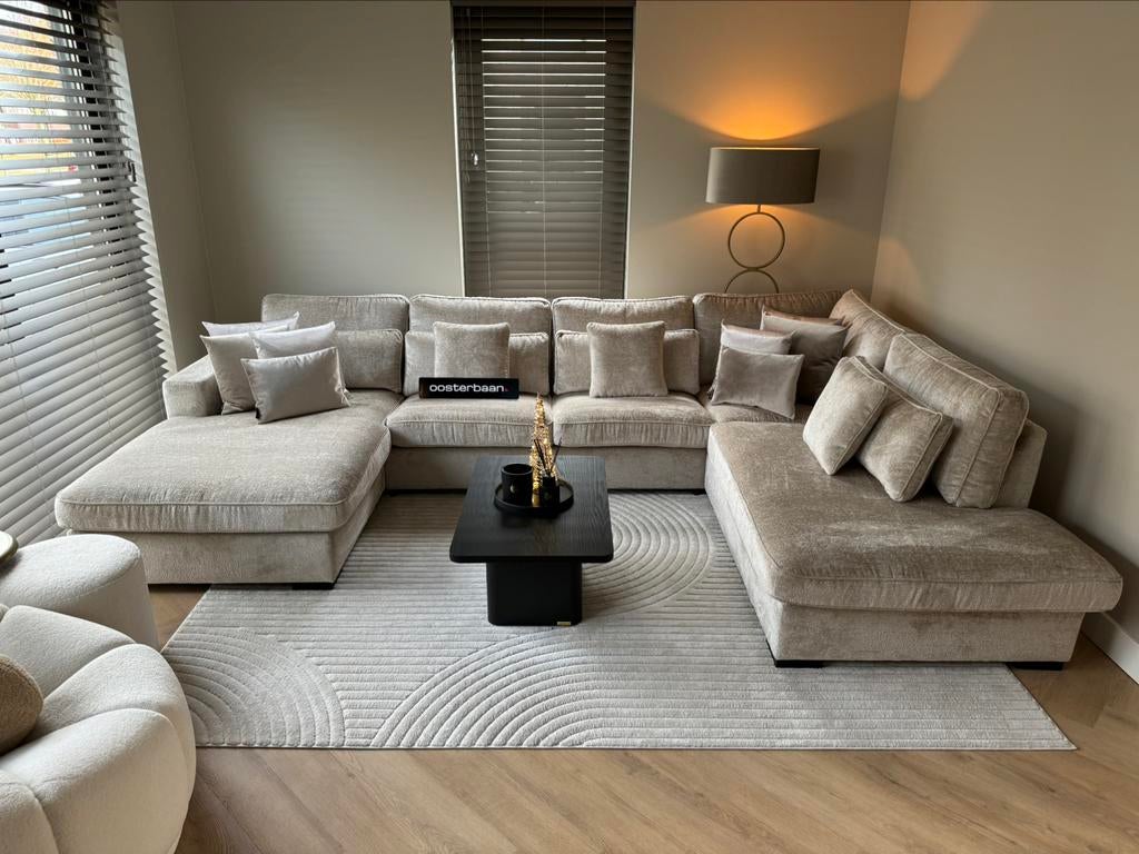 Luxe Velvet Teddy U-Bank Costa 195x370x250cm Beige Sand NEW, Info@oosterbaanwonen.nl, Venus 31 8448CE Heerenveen, Hoekbank, Ophalen of Verzenden