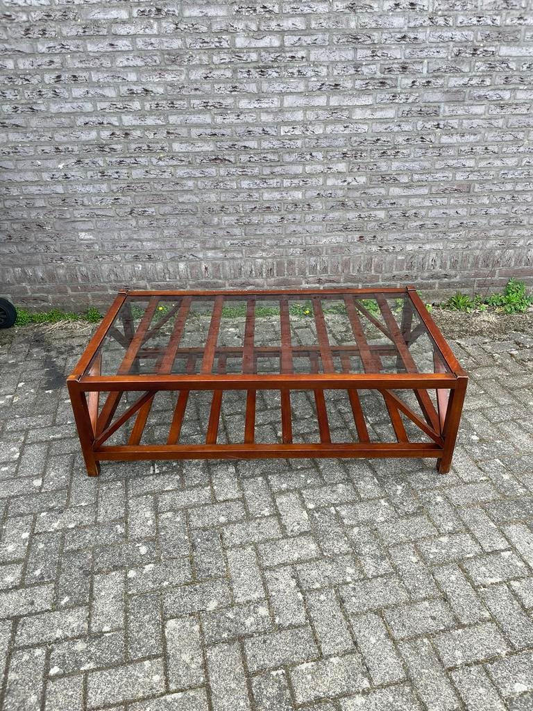 Vintage salontafel indisch hout glas retro design brocante, Huis en Inrichting, 100 tot 150 cm, Minder dan 50 cm, Rechthoekig