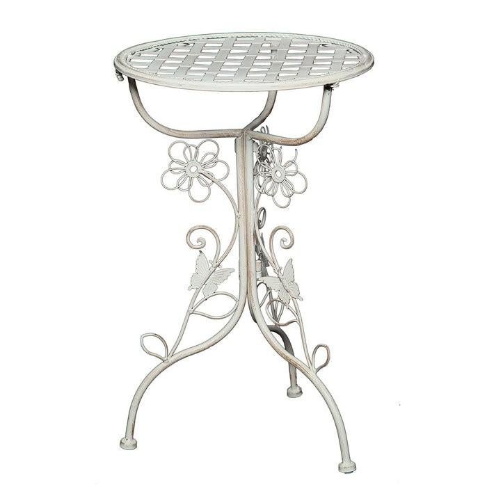 Wit metalen bijzettafeltje met bloemen en vlinders, Minder dan 55 cm, Metaal of Aluminium, Rond, Nieuw