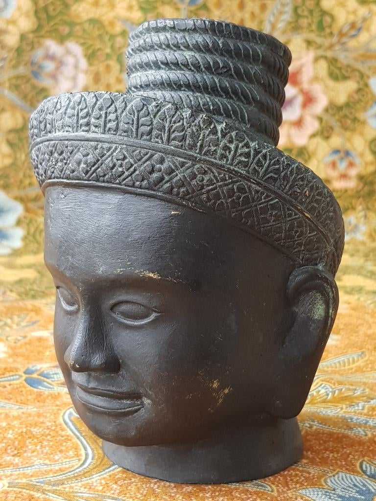 Mooi antiek brons hoofd uit Cambodja van Vishnu 14,5 cm., Antiek en Kunst, Ophalen of Verzenden