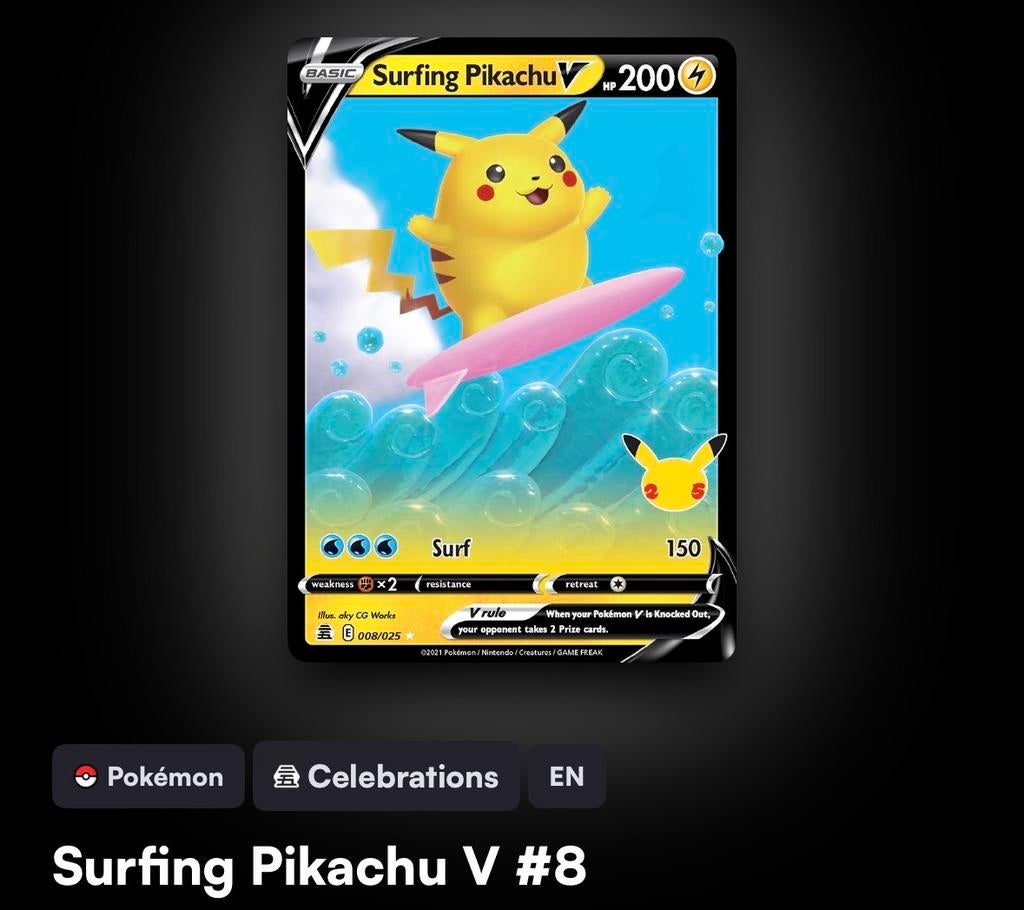 Pokémon Surfing Pikachu V Celebrations kaart, Ophalen of Verzenden, Nieuw, Losse kaart
