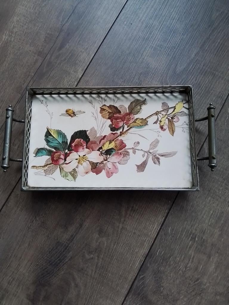 Vintage dienblad met bloemen en bijen decoratie, Ophalen of Verzenden