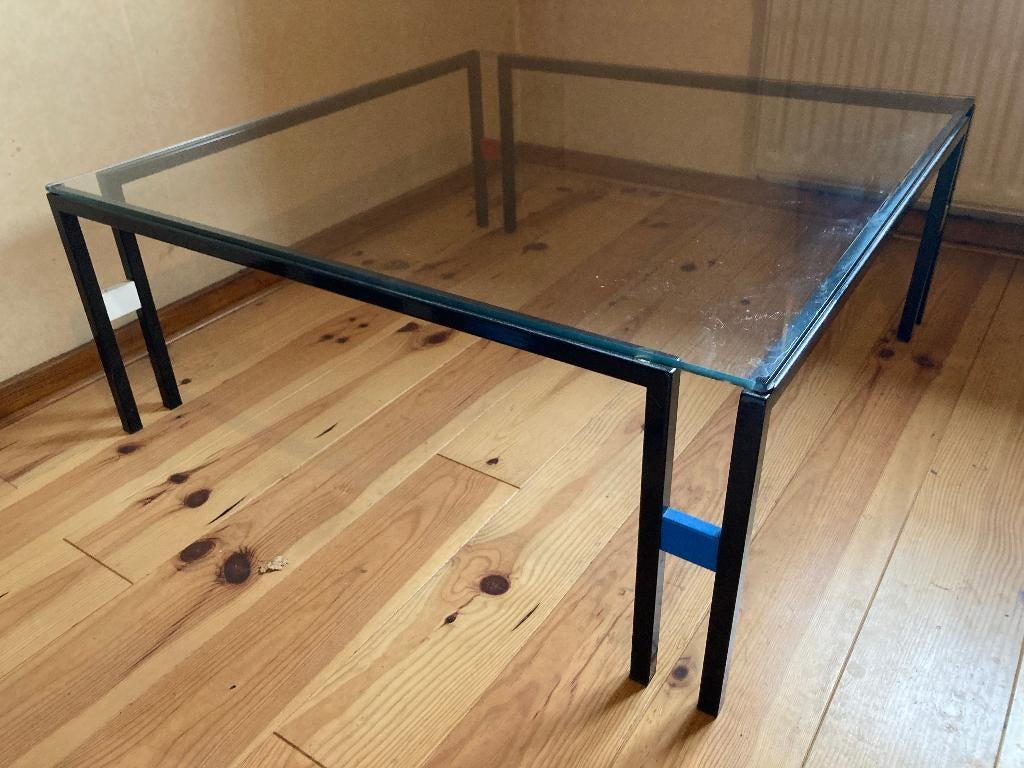 Mondriaan staal glazen minimalistische vintage salontafel, 50 tot 100 cm, Art Deco Mondriaan design, Overige materialen, Vierkant