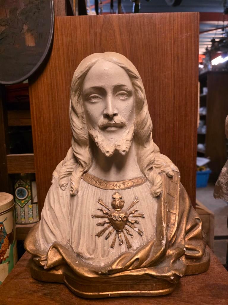 Antiek Borstbeeld Heilig Hart van Jezus – Gesigneerd Pieracc, Antiek en Kunst, Ophalen of Verzenden