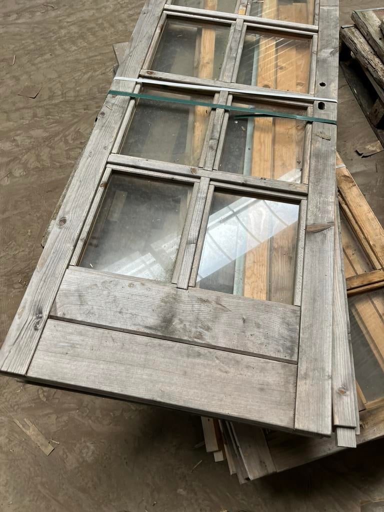 Vergrijsde 8 ruits dubbele deur Vuren, Doe-het-zelf en Verbouw, Ophalen, Zo goed als nieuw, Gevelraam of Ruit, 160 cm of meer