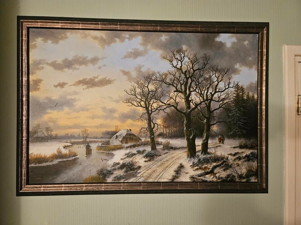 Schilderij winterlandschap met huisje en bomen, Antiek en Kunst, Kunst | Schilderijen | Klassiek, Ophalen of Verzenden