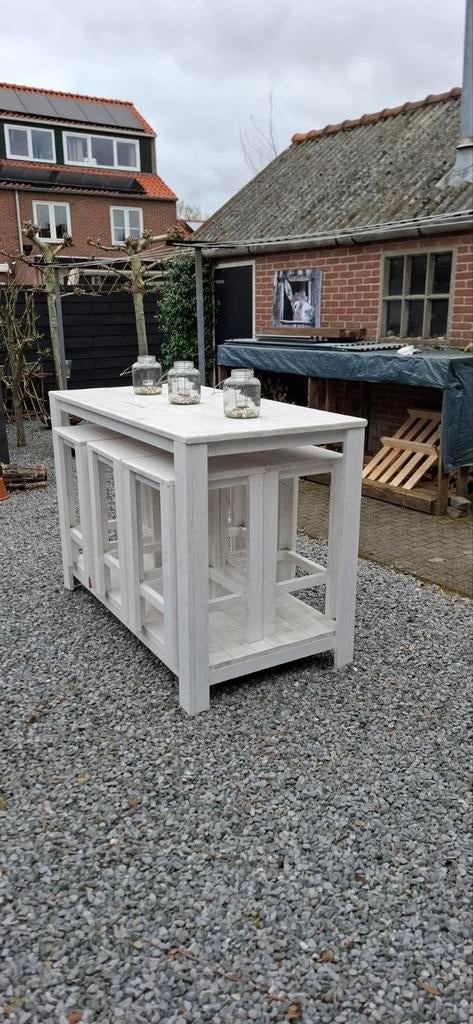 Witte picknicktafel met 4 krukjes, Tuin en Terras, Picknicktafels, Ophalen, Rechthoekig, Hout