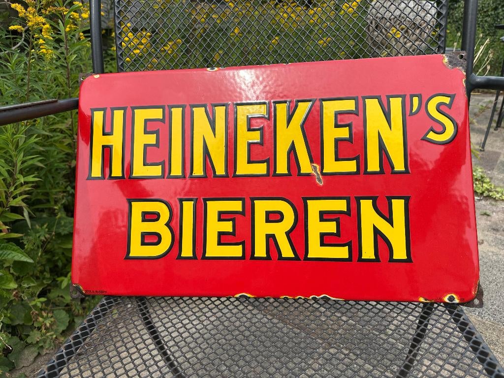 Mooi emaille HEINEKEN's bieren bord.  Langcat Bussum., Ophalen of Verzenden, Gebruikt, Reclamebord