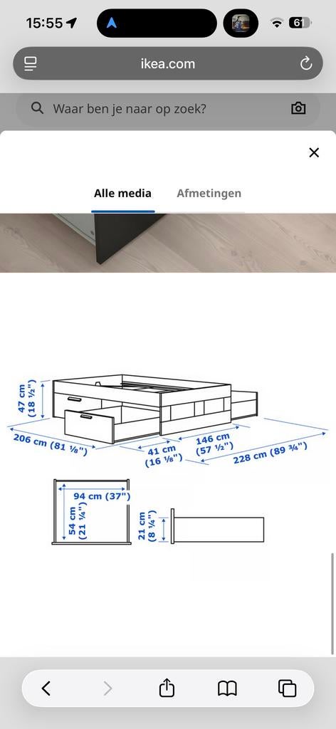 IKEA BRIMNES bed 140x200 met opbergruimte, Gebruikt, Zwart, Tweepersoons, 200 cm