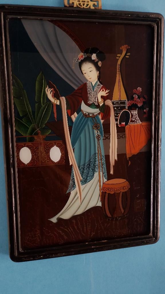 Antieke Chinese handgeschilderde schilderij in lijst, Ophalen