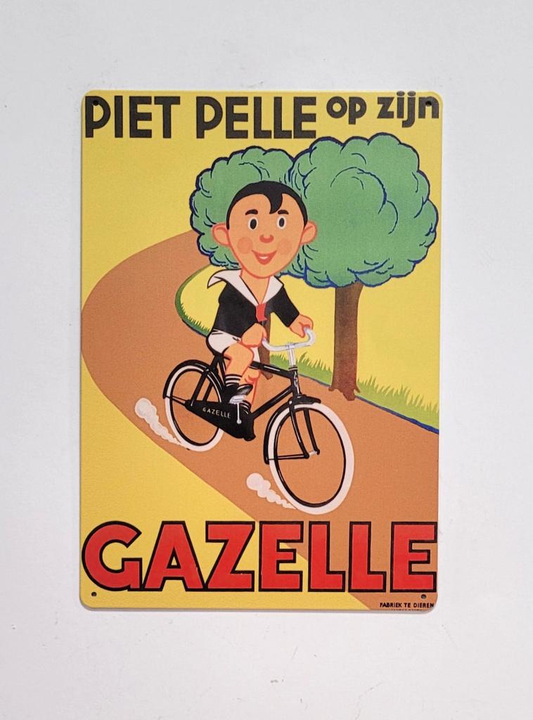 Piet Pelle op zijn Gazelle reclamebord van metaal wandbord, Verzamelen, Merken en Reclamevoorwerpen, Reclamebord, Info@deconoord.nl