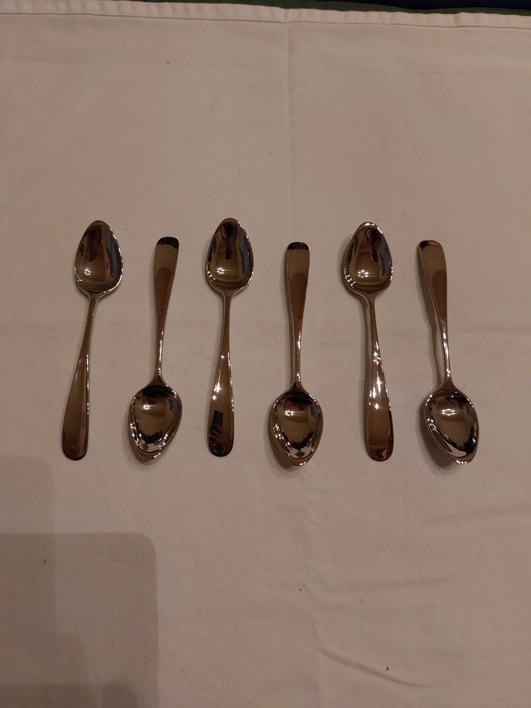 Geoeg Jensen Vivianna theelepels 6 stuks glanzend, Ophalen of Verzenden, Gebruikt, Rvs of Chroom, Los bestek