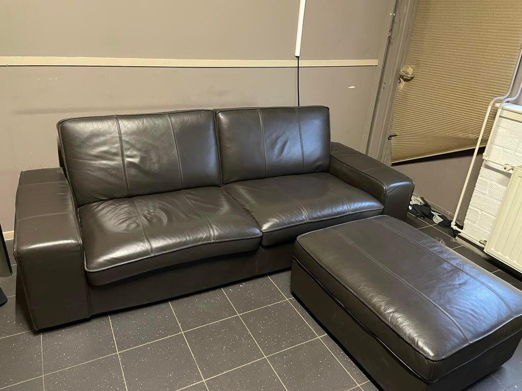IKEA Leren Bankstel met Poef en Opbergruimte - Donkerbruin, Ophalen, Gebruikt, Driepersoons, Rechte bank
