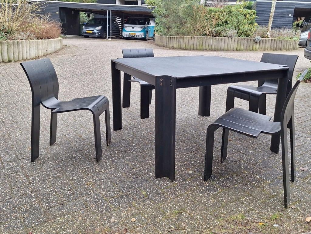 Striptafel met 4 stoelen - Gijs Bakker Castelijn - 1970, Ophalen, Gebruikt, Vierkant, Vier personen