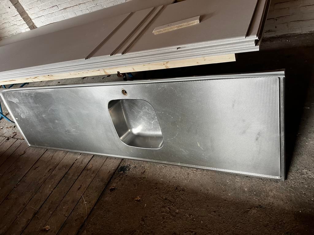 Rvs aanrechtblad 60x221cm met kraangat en waterkering, Huis en Inrichting, Keuken | Keukenelementen, Ophalen, Gebruikt, 200 cm of meer