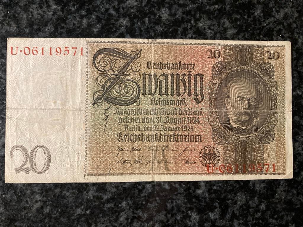 20 Reichsmark biljet uit 1929 - Duitsland, Postzegels en Munten, Bankbiljetten | Europa | Niet-Eurobiljetten, Ophalen of Verzenden