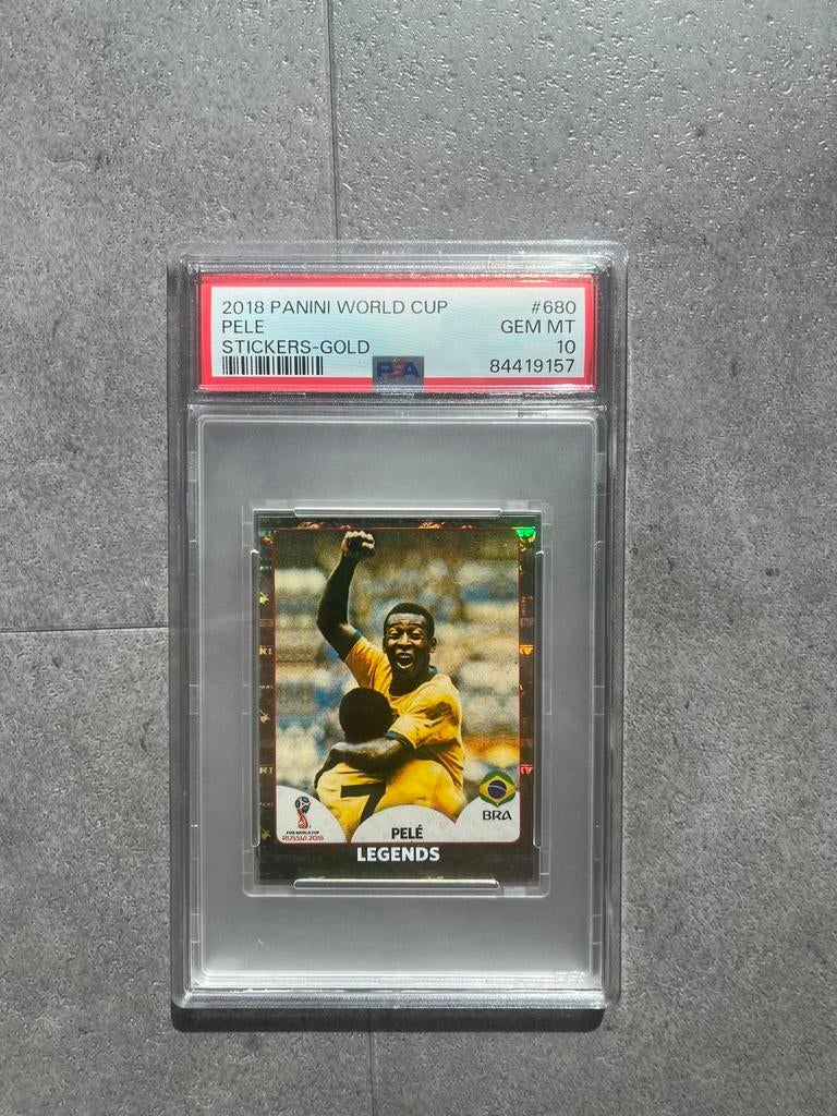 Panini wk 2018 pele,goude stickers, zwarte achterkant psa 10, Verzenden, Zo goed als nieuw, Meerdere stickers