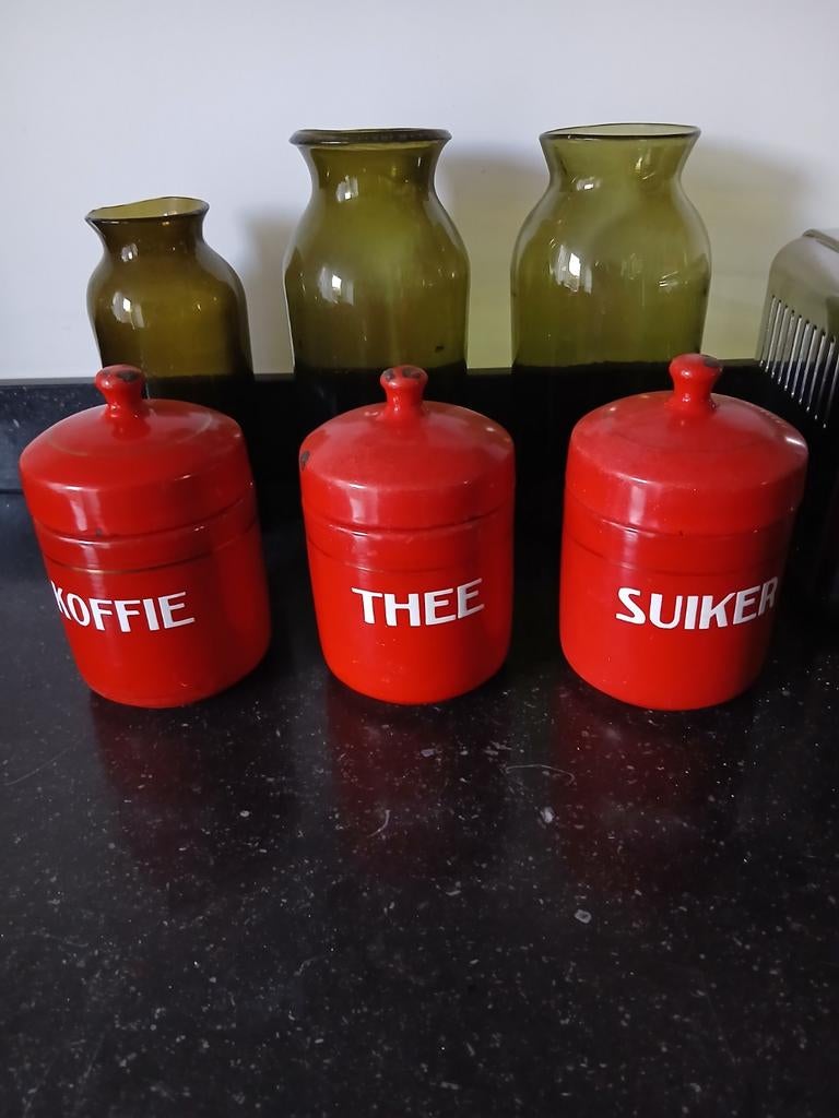 3 oude emaille voorraad bussen, Ophalen of Verzenden