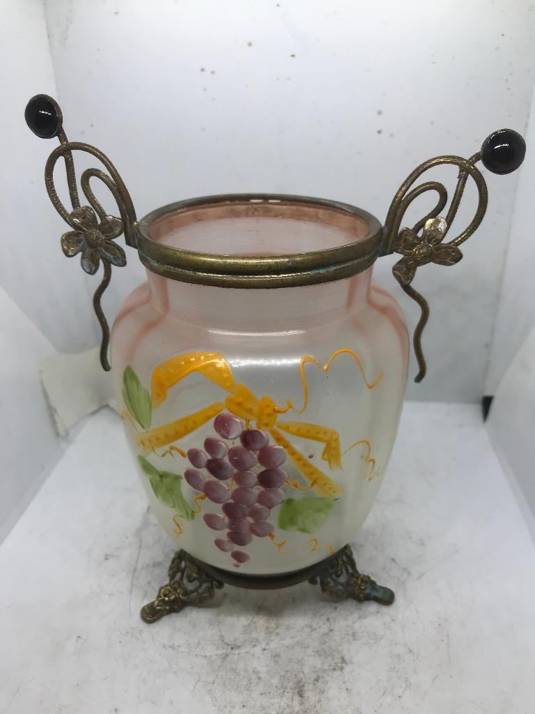 jugendstil art nouveau glas lepel vaas geemailleerd, Antiek en Kunst, Ophalen of Verzenden
