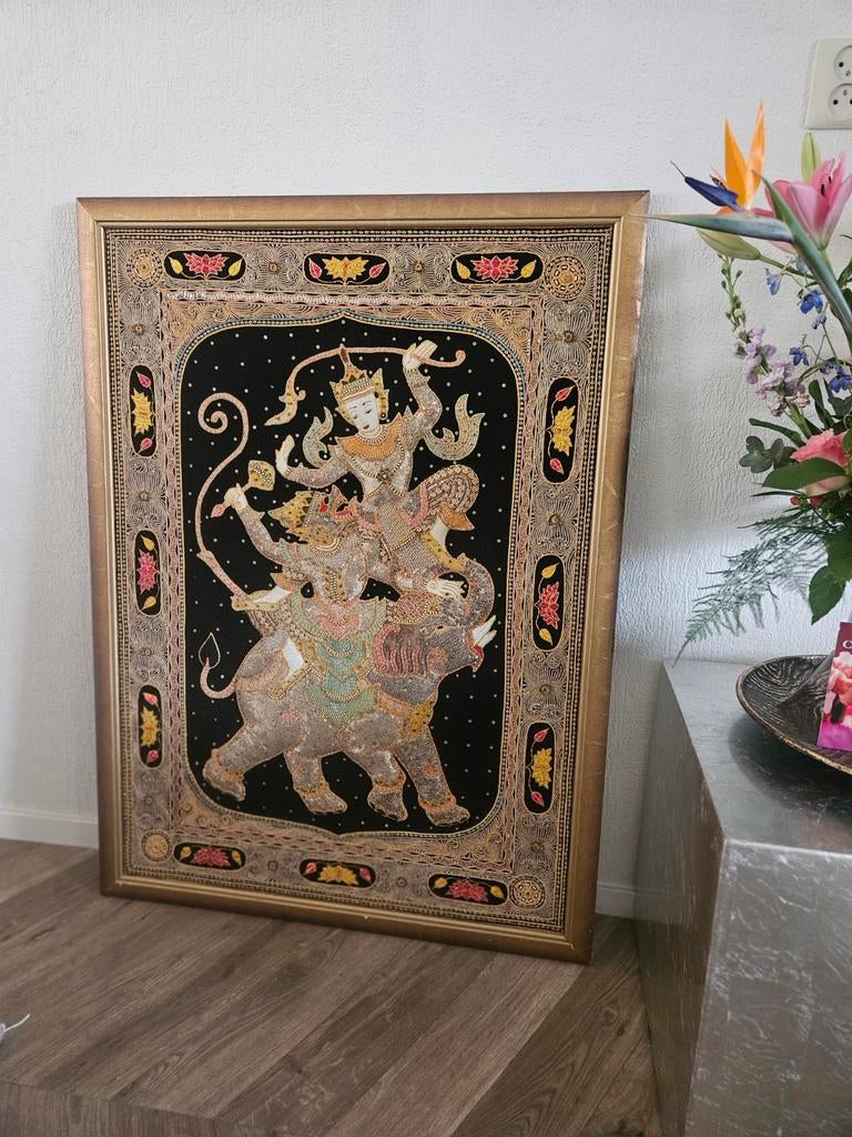 Balinees handgemaakte Wanddecoratie kralen olifant paillet, Ophalen of Verzenden, Rechthoekig, 50 tot 100 cm