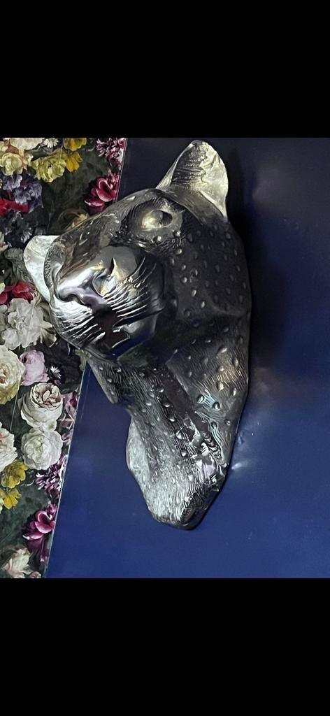 Zilverkleurig Dierenbeeld - Panter Hoofd, Ophalen of Verzenden, Gebruikt, Metaal, Dierenbeeld
