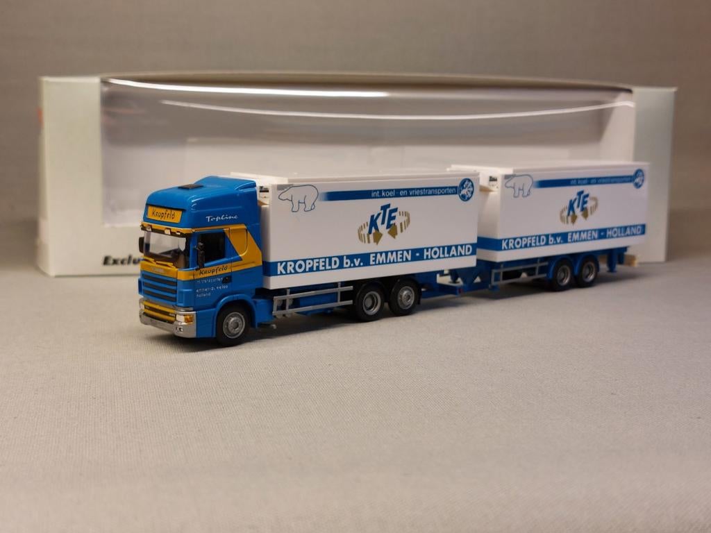 AWM 71222 Scania 124L Kropfeld Emmen met 2-assige wipkar, Hobby en Vrije tijd, Modelauto's | 1:87, Zo goed als nieuw, Bus of Vrachtwagen