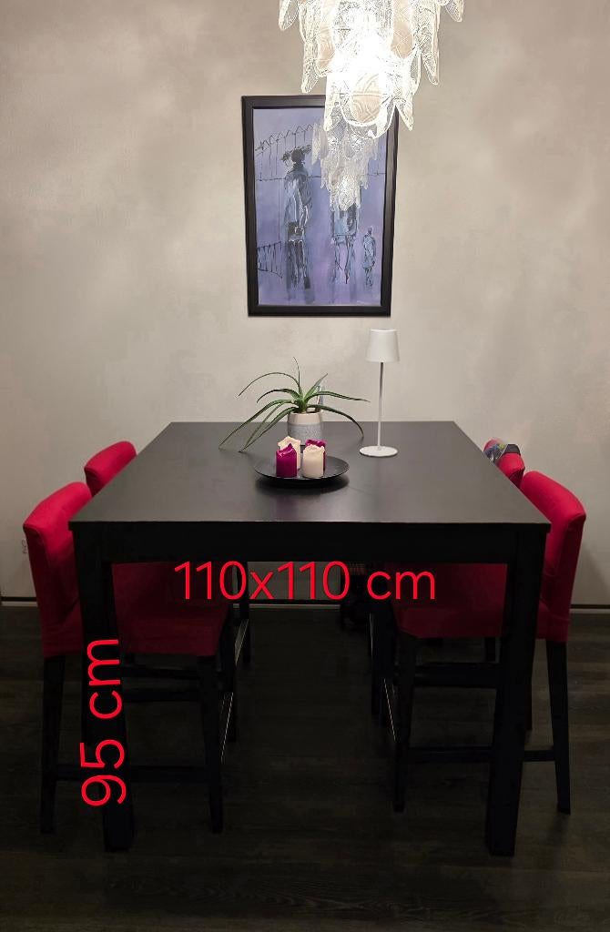 Bartafel met rode krukken, Huis en Inrichting, Tafels | Eettafels, Ophalen, Gebruikt, Vierkant, Vier personen