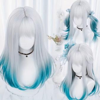 Prachtige anime cosplay pruik blauw wit synthetisch, Ophalen of Verzenden, Nieuw