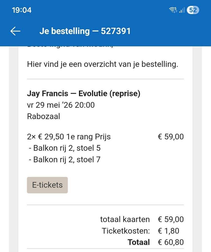 Jay francis in de Leest Waalwijk 2 tickets, Twee personen, Mei