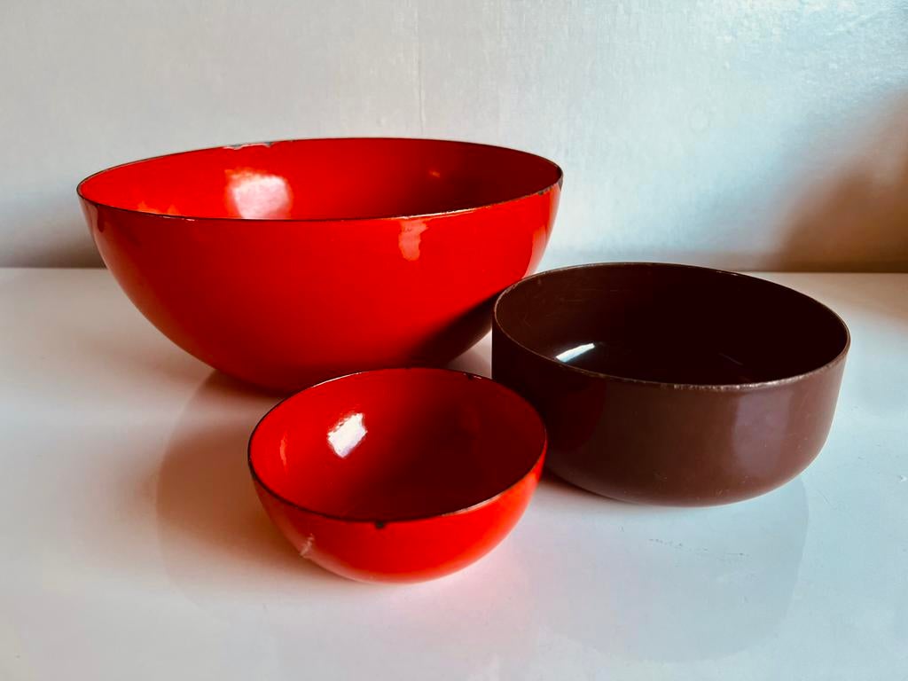 3 Vintage Arabia Finel Enamel Schalen Rood Bruin Kaj Franck, Ophalen of Verzenden
