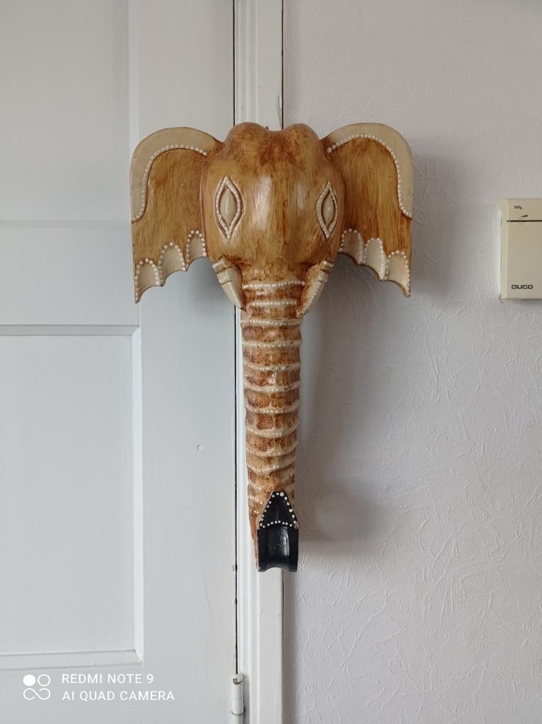 Vintage Hout olifant hoofd uit India 40 x 28 cm, Ophalen of Verzenden