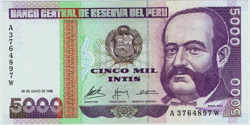 20-1015 Peru 5000 intis 1988, Verzenden, Zuid-Amerika, Los biljet