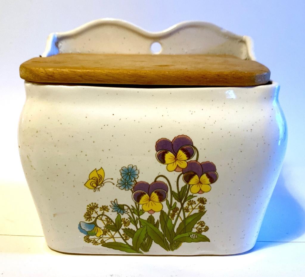 Vintage Wildflowers keramische zoutpot met houten deksel, Ophalen of Verzenden