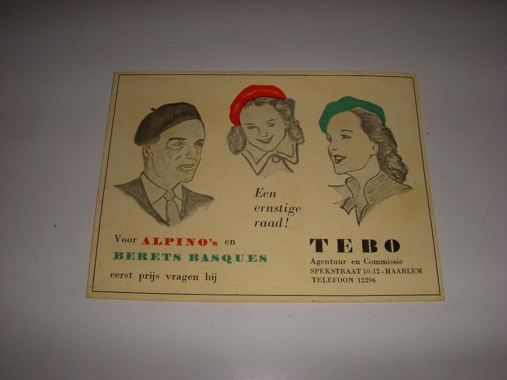 MOOI oud vloeiblad TEBO voor Alpino's, Berets Haarlem, Verzamelen, Merken en Reclamevoorwerpen, Ophalen of Verzenden, Gebruikt