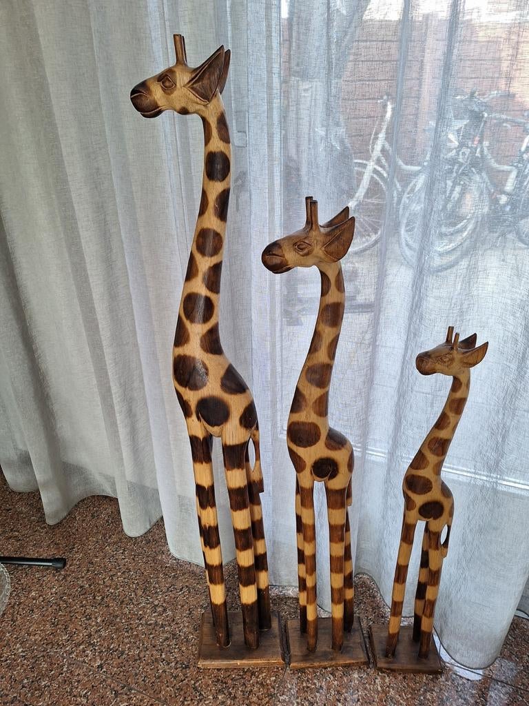 Set van 3 houten giraffen - Afrikaanse decoratie, Antiek en Kunst, Ophalen
